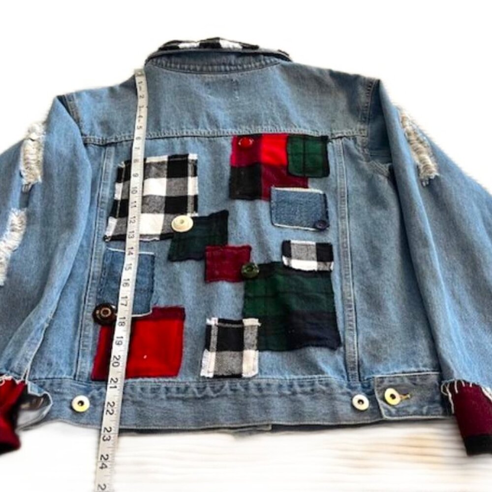Women's Love Tree Denim distressed reworked embellished Denim Jacket size Small